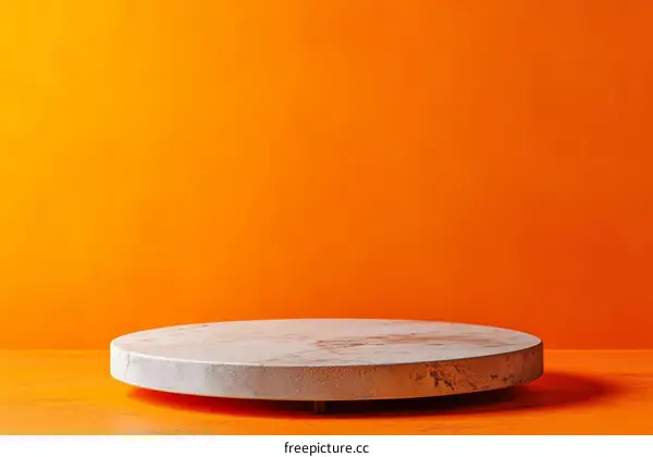 Modern Minimalist Marble Display Stand Against Vibrant Orange Background