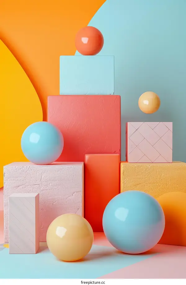 3D Rendering of Geometric Shapes with Balls and Podiums in Pastel Colors
