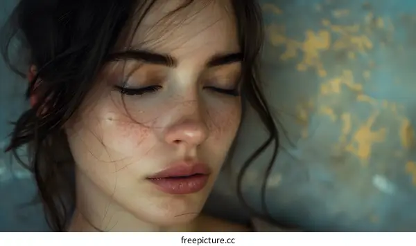 Portrait of a young woman with freckles and her eyes closed