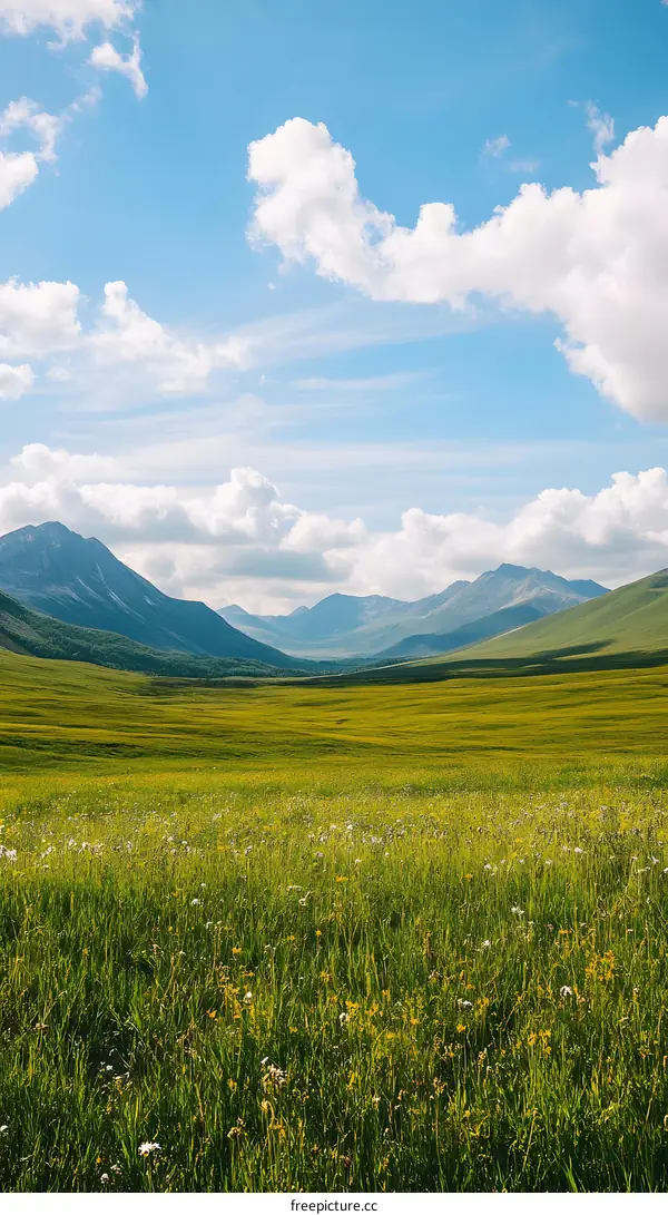 Green Grass Field with Mountains and Clouds in the Background