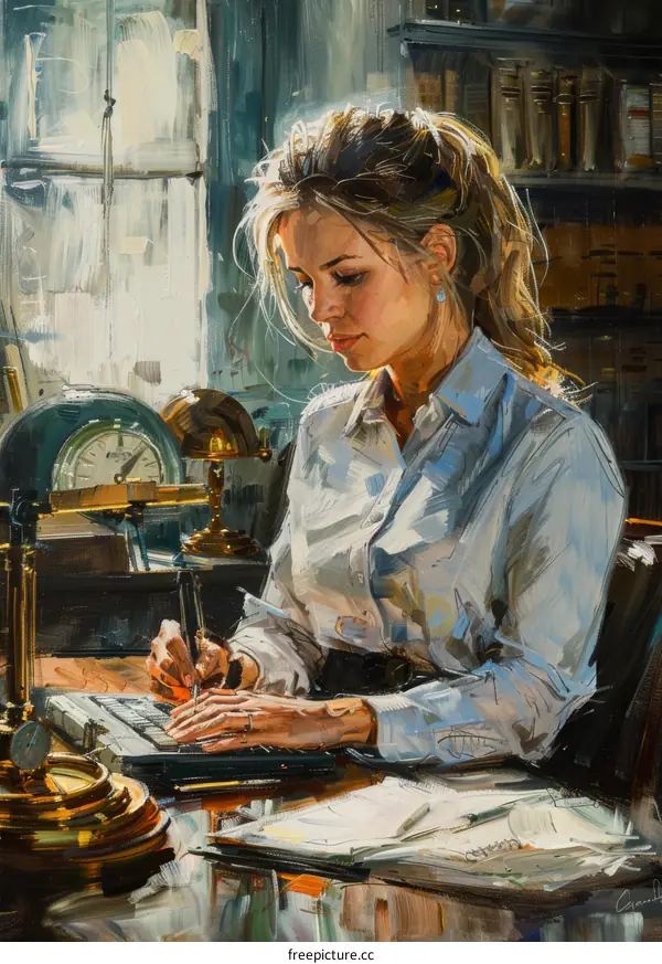 Woman in Office Setting Focused on Work