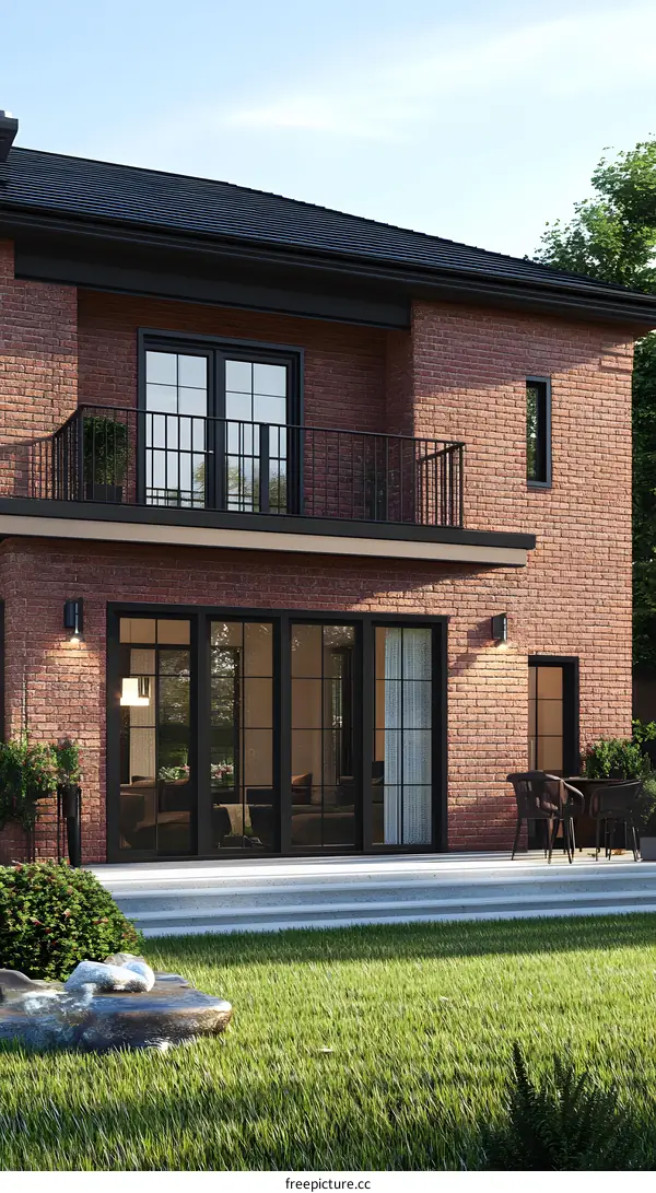 Modern Brick Home With Patio and Grassy Yard