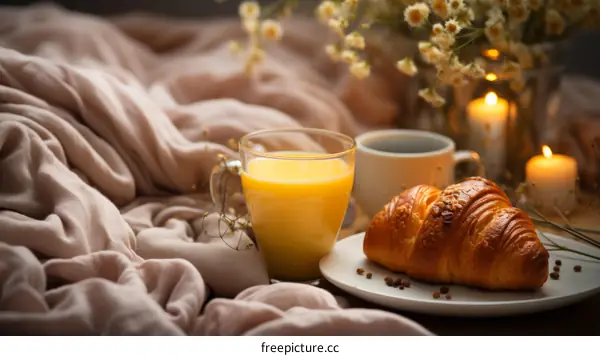 Indulge in a Delicious Breakfast of Croissants, Orange Juice, and Coffee