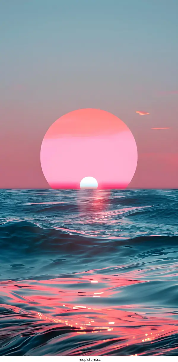 Pink Sunset Over Ocean Waves