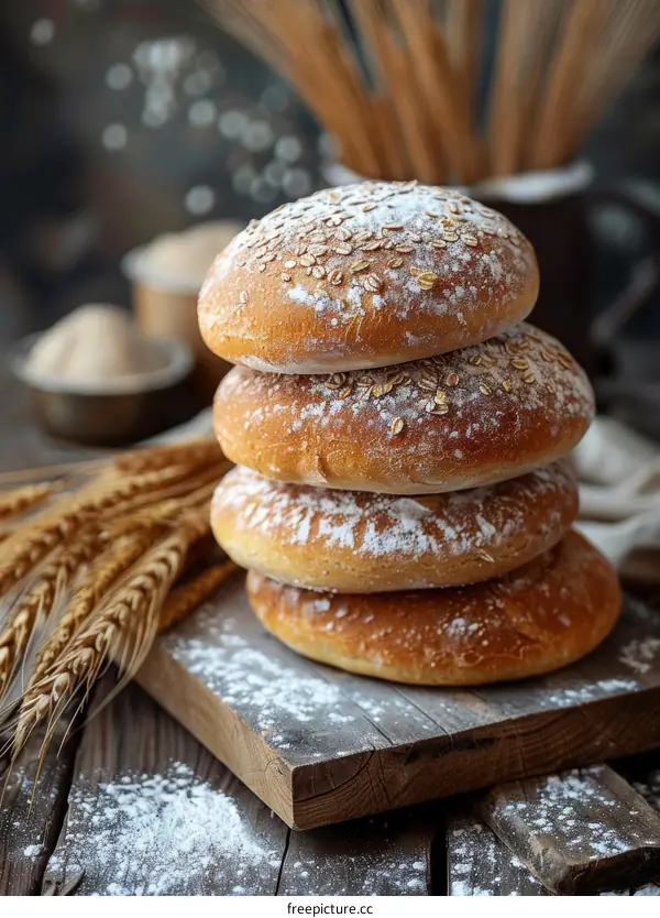 A stack of four round loaves of bread on a wooden table