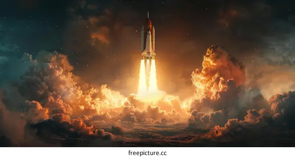 Space Shuttle Atlantis launching into the night sky