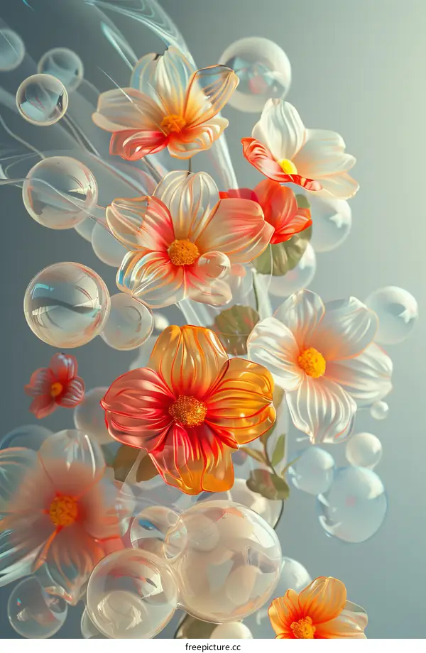3D rendering of orange and white flowers with bubbles