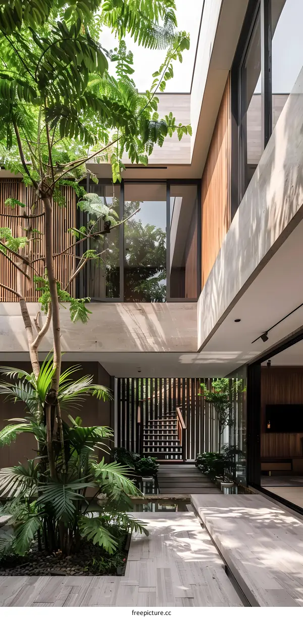 Modern Minimalist Courtyard Design With Lush Greenery And Wooden Accents