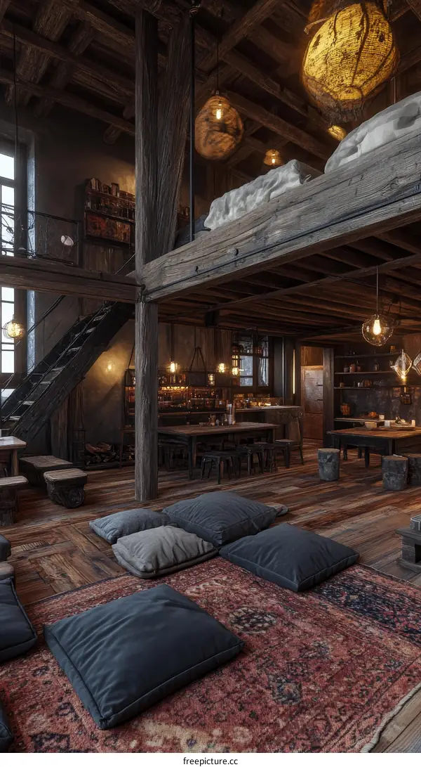 Rustic Loft Interior Design with Wooden Beams
