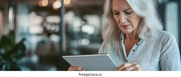 Senior Woman Using Tablet in Office Space