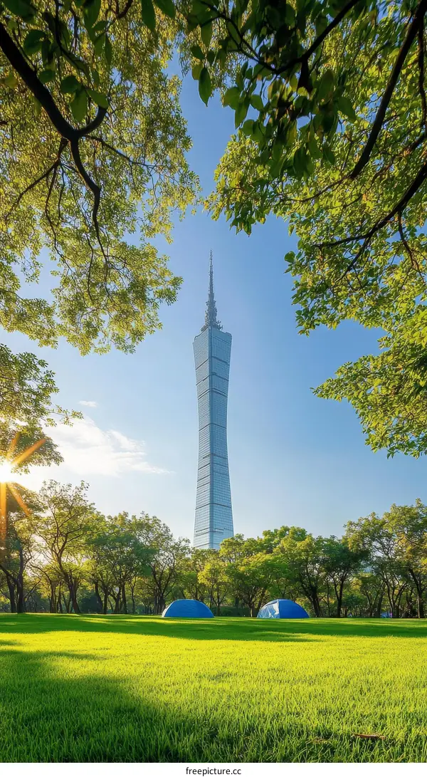 Modern City Park Scenery with Tall Tower