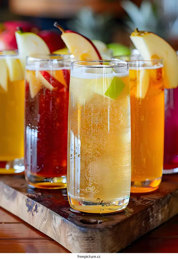 Refreshing Apple Cider Drinks on Wooden Tray