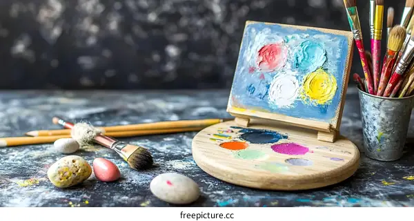 Colorful Paint Brushes And Palette On Wooden Table
