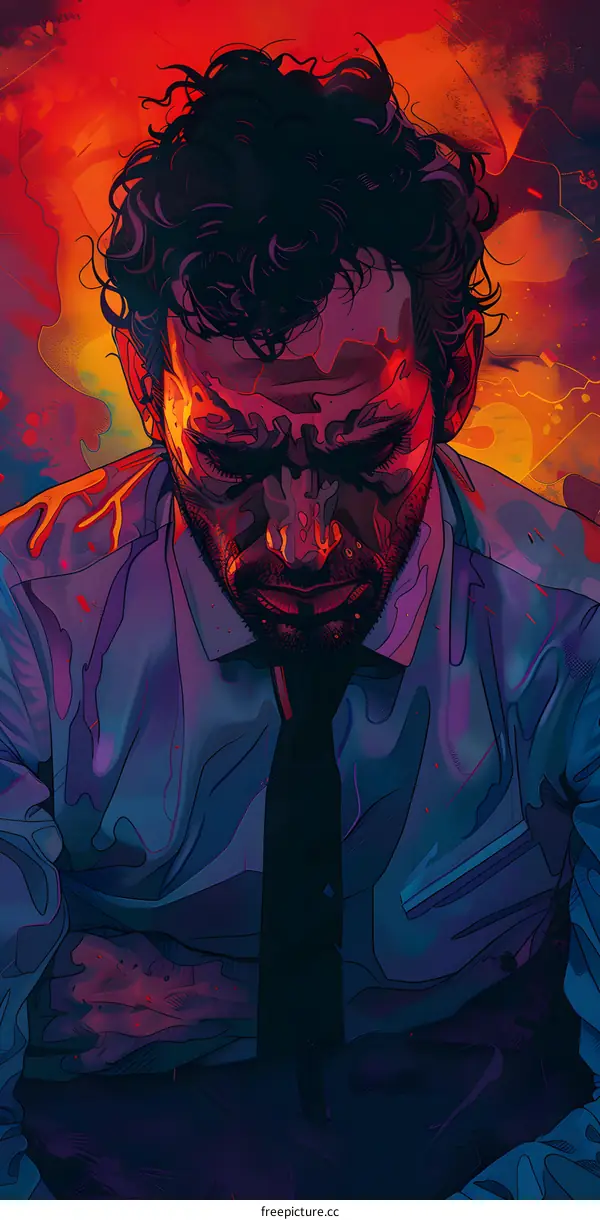 A portrait of a man with dark hair and a beard wearing a blue shirt and tie