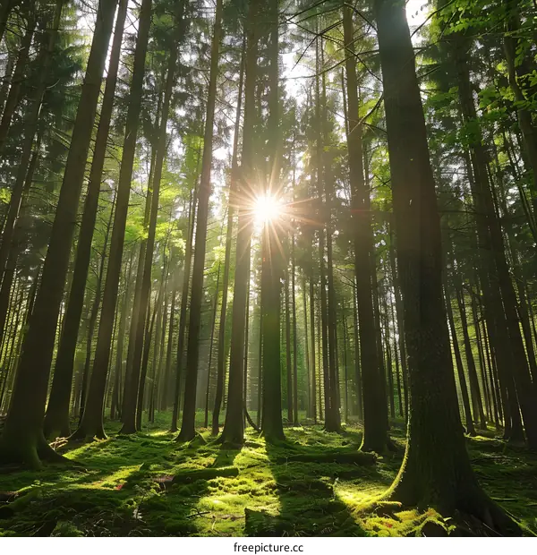 Sunlight shining through tall tress in a dense green forest