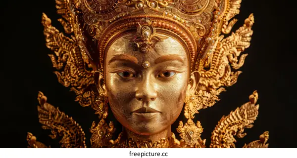 A golden statue of a Javanese woman wearing a traditional headdress