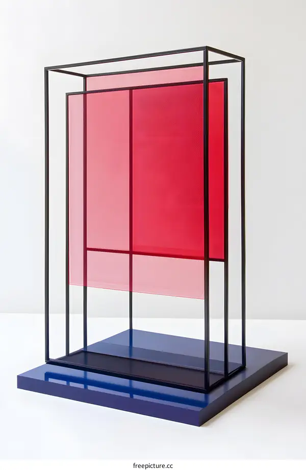 Abstract Sculpture with Red and Blue Panels in Black Frame