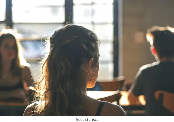 Woman with long hair looking away from the camera in a room with other people