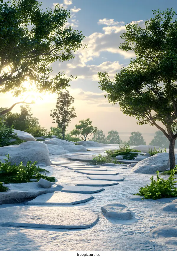 Stone Pathway Leading Through Green Trees Under A Cloudy Sky