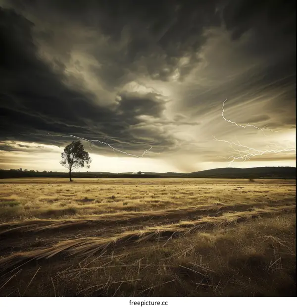 A lonely tree stands in a field as a storm approaches
