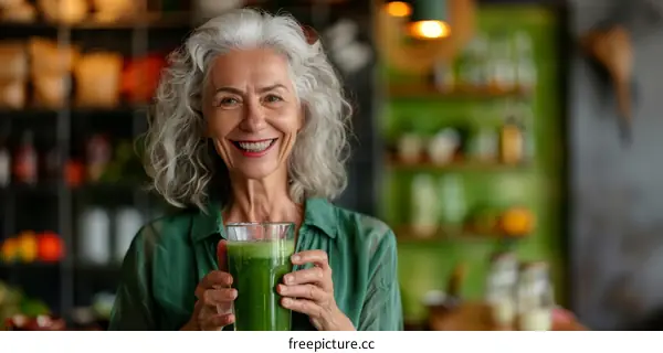 A smiling elderly woman holding a glass of green juice