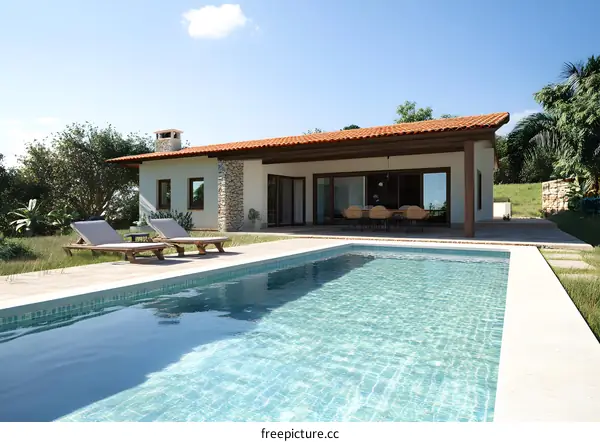 Modern Villa With Swimming Pool And Loungers