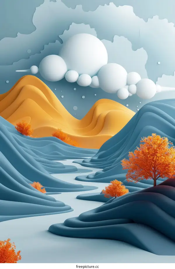Autumn Landscape: Blue and Orange 3D River Scene