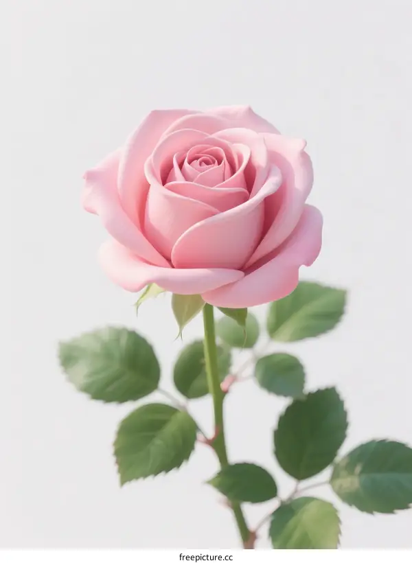 A Beautiful Pink Rose with Fresh Green Leaves