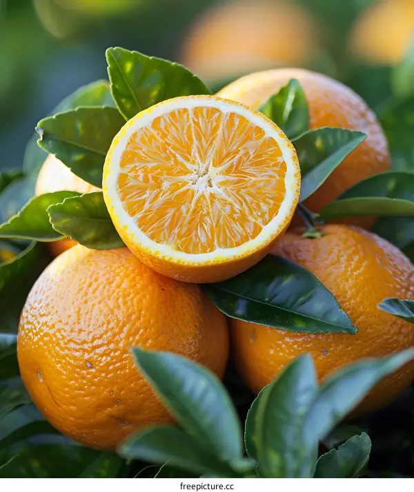 Close-up photo of a sliced orange on a tree