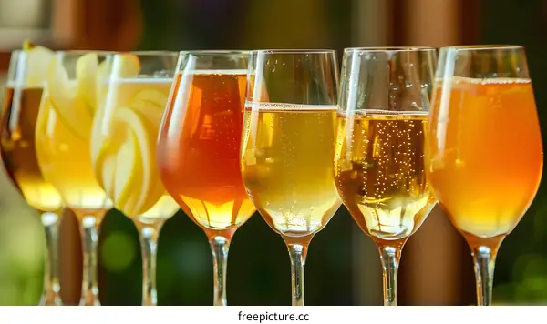 Closeup of Six Glasses of Yellow Sparkling Wine