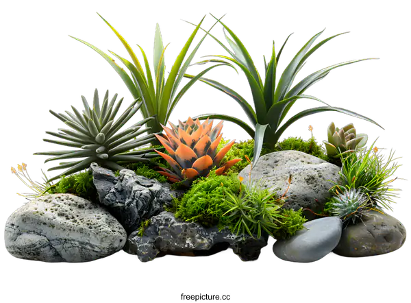 [Transparent Background PNG]A beautiful arrangement of various succulents and rocks on a white background