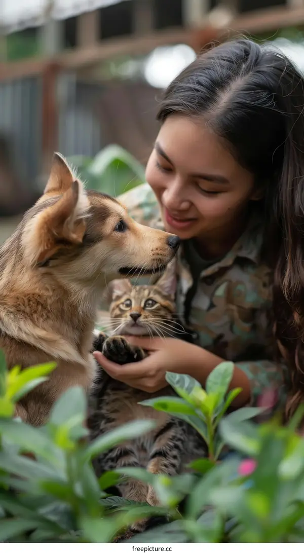 Smiling woman sitting on the grass with a dog and a cat