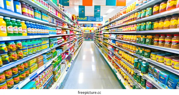 Supermarket Aisle with Rows of Products on Shelves