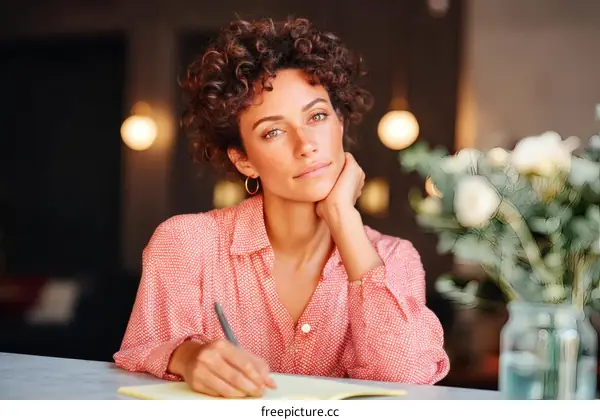Focused Woman Writing in a Cafe