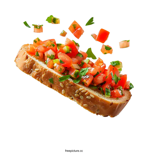 [Transparent Background PNG]Fresh and tasty bruschetta with flying ingredients