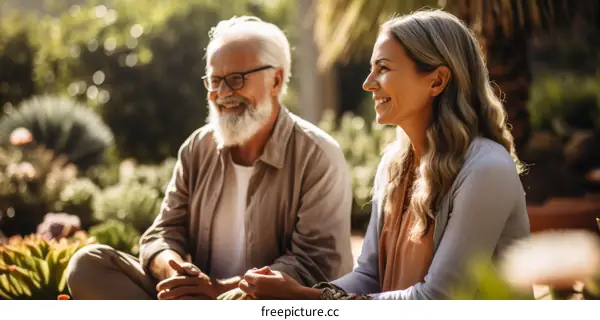 A happy elderly couple is sitting on the ground and talking happily