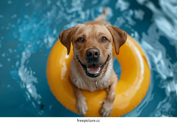 Happy dog playing with water in a pool