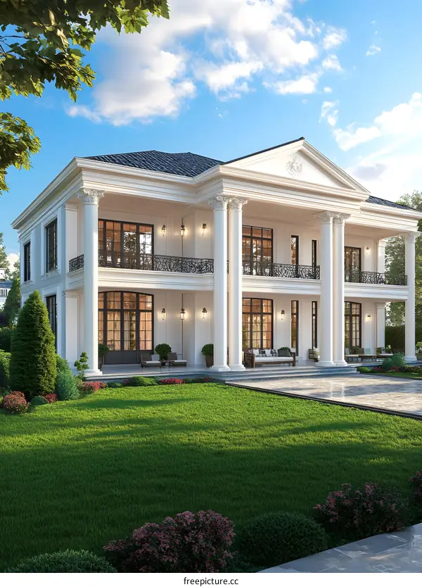 White Mansion with Columns and Green Grass