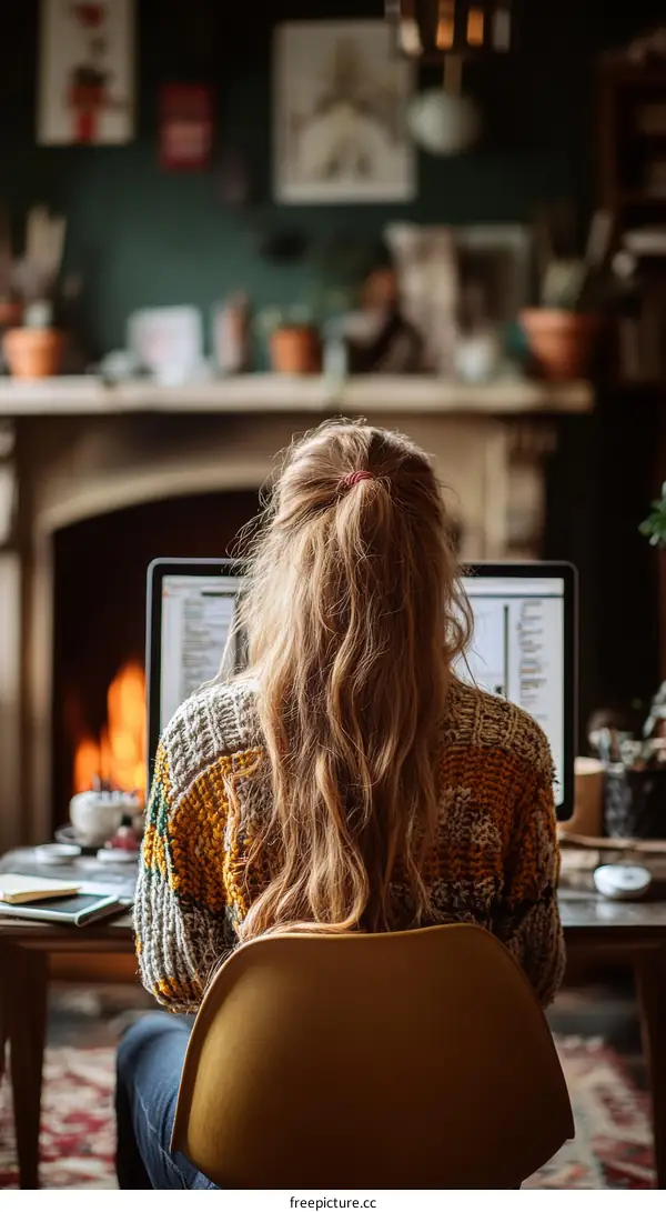 Woman Working from Home by the Fireplace