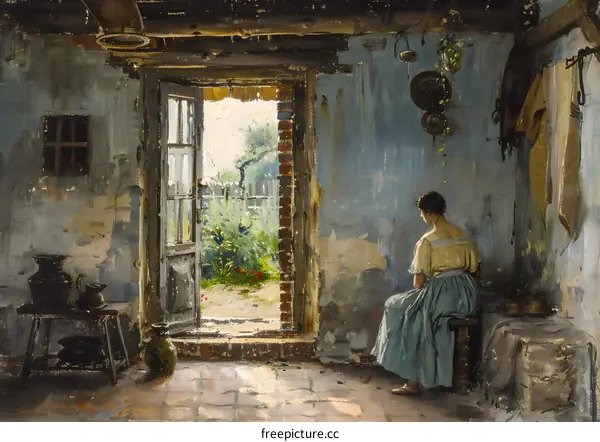 A woman is sitting in a room with an open door