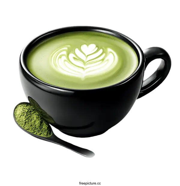 [Transparent Background PNG]Delicious Matcha Latte in a Black Mug
