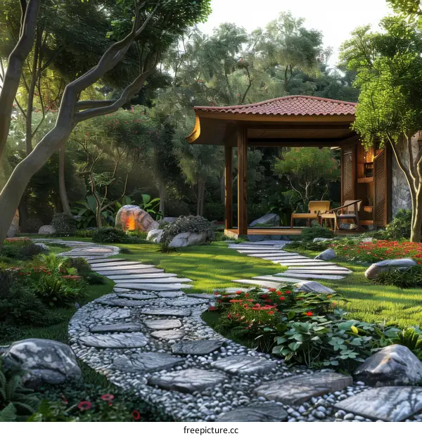 Winding Stone Pathway through Lush Green Botanical Garden