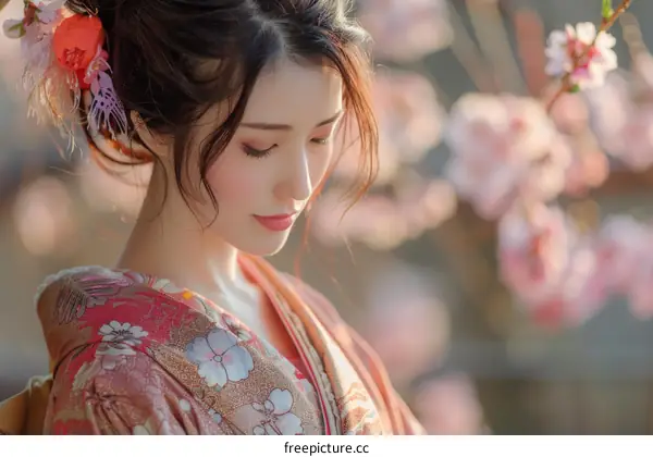 Portrait of a beautiful Japanese woman in traditional kimono