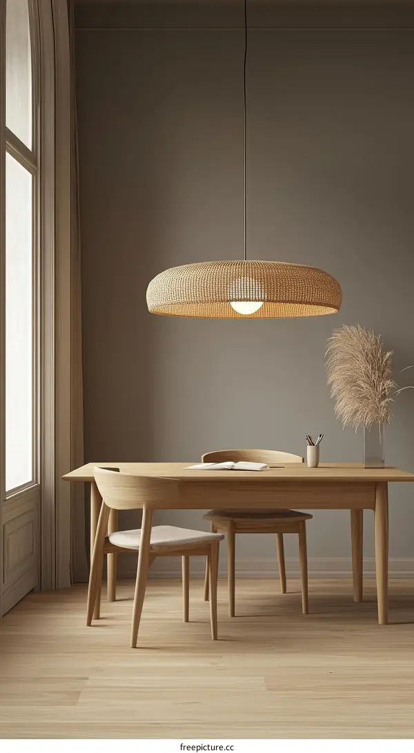 Modern Dining Room Interior Design with Woven Pendant Light
