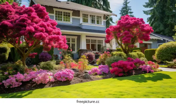 A beautiful house with a pink and purple flower garden