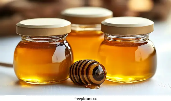 Honey Jars and Dipper on a White Surface