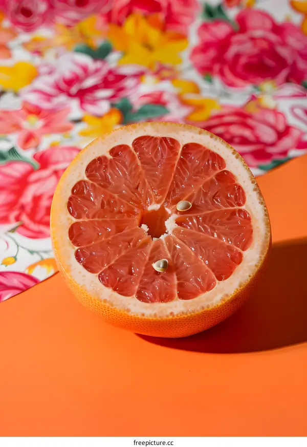 Close up of a Half Grapefruit on an Orange Background with Floral Pattern