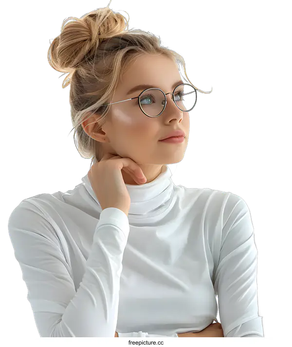 [Transparent Background PNG]Beautiful Young Woman Wearing Glasses and White Turtleneck