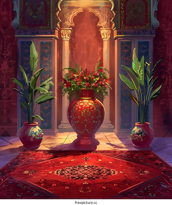 Red Vase With Flowers In An Interior Room