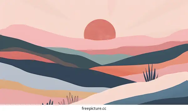 Abstract Landscape with Sun and Mountains
